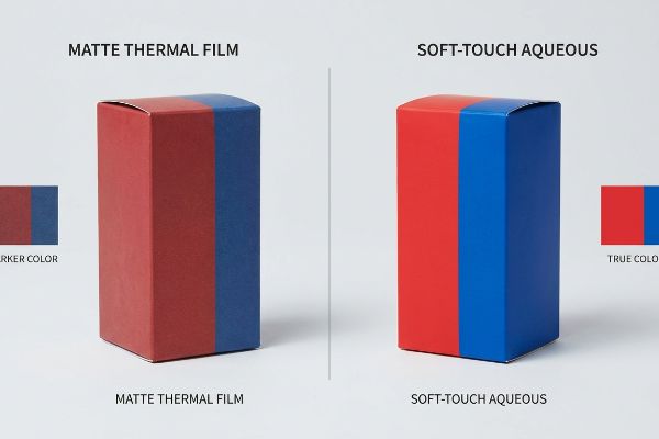 Matte Thermal Film box shows Darker Color pigments, contrasting with the vibrant True Color of a Soft-Touch Aqueous finished box.
