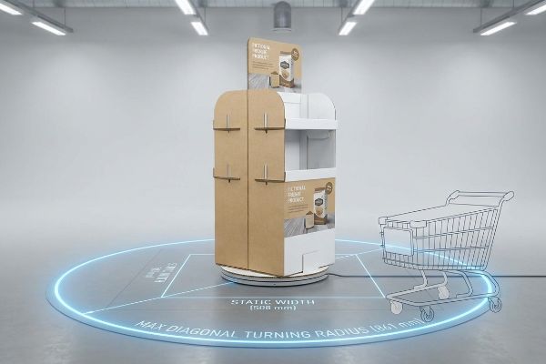 Cardboard rotational point of sale display demonstrating Max Diagonal Turning Radius (861 mm) and Static Width (508 mm) with a shopping cart and