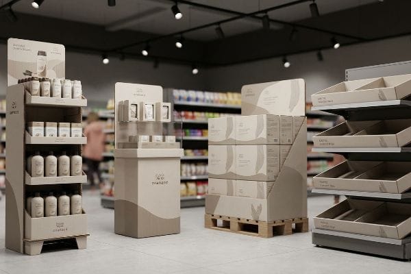 A supermarket aisle features meandz point of purchase displays: a multi-shelf floor stand, countertop unit, and pallet build, promoting 100% Compostable, Vegan products.