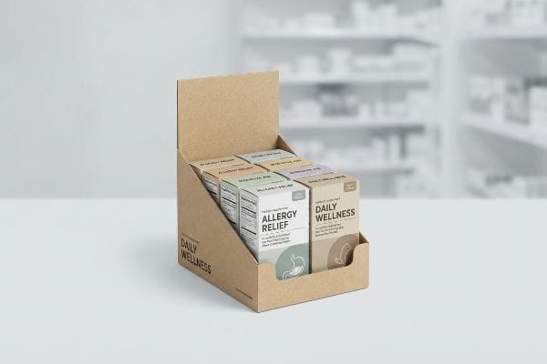Kraft paperboard countertop POP display tray with 'Allergy Relief' and 'Daily Wellness' medicine boxes, ensuring 85% label visibility.