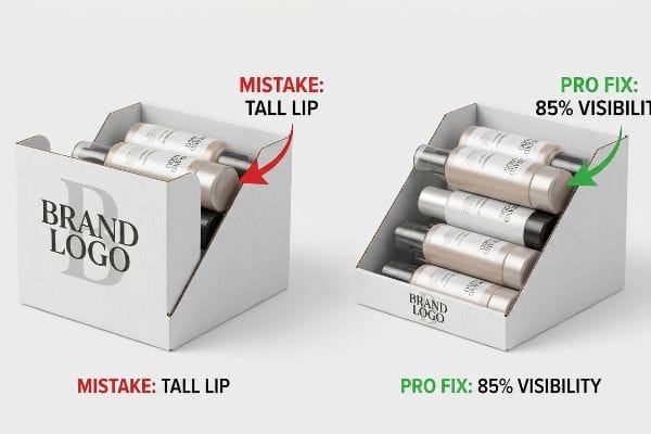 White cardboard display trays illustrate the 'Tall Lip' merchandising mistake versus the 'Pro Fix' of '85% Visibility' for cosmetic bottles.