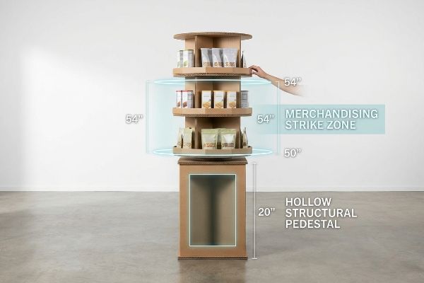 Corrugated cardboard rotating display with products, highlighting the 50-54 inch Merchandising Strike Zone and 20-inch Hollow Structural Pedestal.