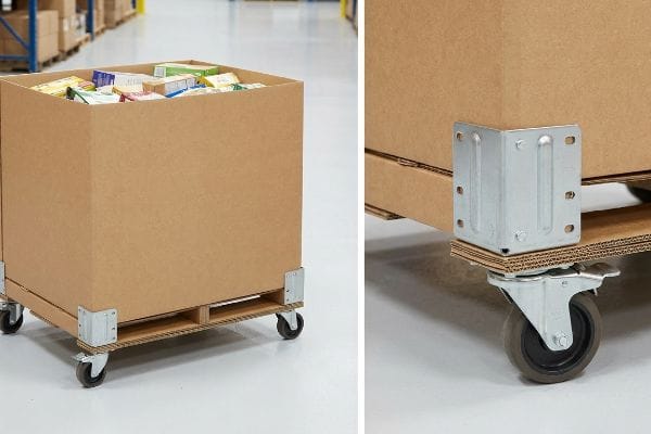A rolling corrugated dump bin with heavy-duty caster wheels and universal metal brackets, holding various packaged goods on a wooden pallet.