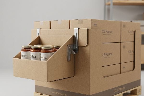 Kraft cardboard cross-merchandising display, metal universal bracket securing salsa jars to 2B Parson pallet.