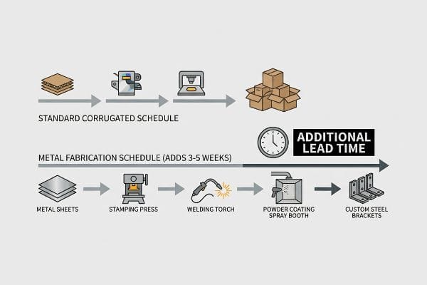 Flowchart showing metal fabrication adding 3-5 weeks lead time for custom steel brackets, involving stamping, welding, and powder coating.