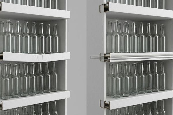 Clear glass beverage bottles on white corrugated display shelves, some featuring hidden metal support tubes to prevent tier sag.