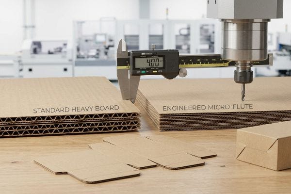 Digital caliper measures 4.00mm Engineered Micro-Flute corrugated board, contrasting with Standard Heavy Board, under a CNC spindle.