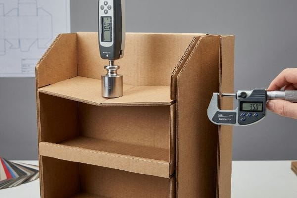 Corrugated cardboard display unit undergoing structural testing with a force gauge applying load and a micrometer measuring 3.50 mm deflection.