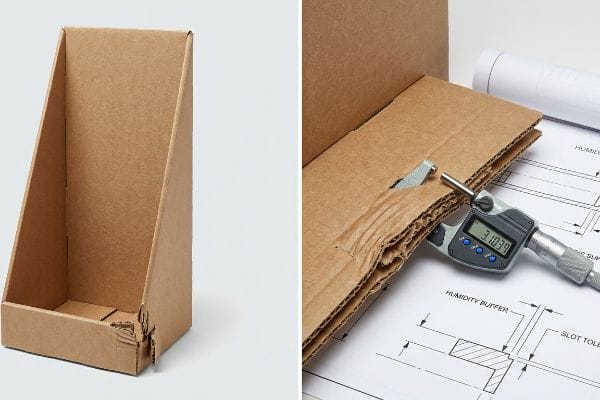 Corrugated counter display with damaged tab; digital micrometer measures 3.1039mm E-flute cardboard on a blueprint showing Humidity Buffer.