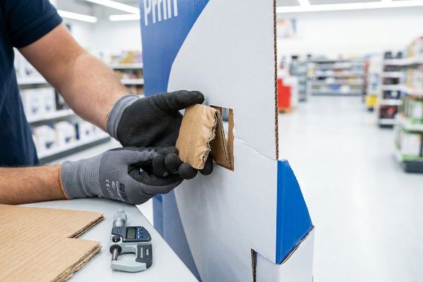 Gloved hands insert a corrugated cardboard tab into a retail display's receiving slot, with a digital micrometer on the table.