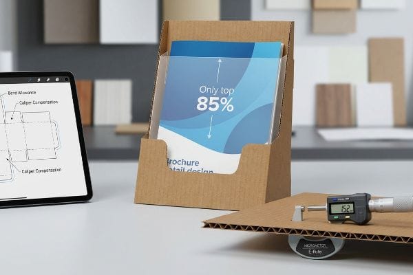 Corrugated cardboard brochure display showing Only Top 85% visibility, with a tablet displaying dieline Caliper Compensation and a digital micrometer measuring 1.52mm board.