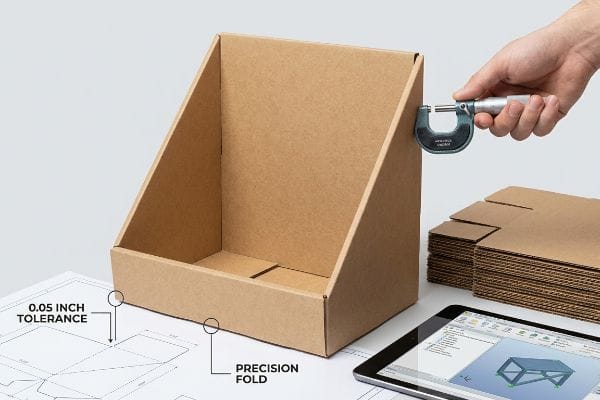 Brown cardboard counter display box measured by a micrometer, highlighting 0.05 Inch Tolerance and Precision Fold for structural integrity.