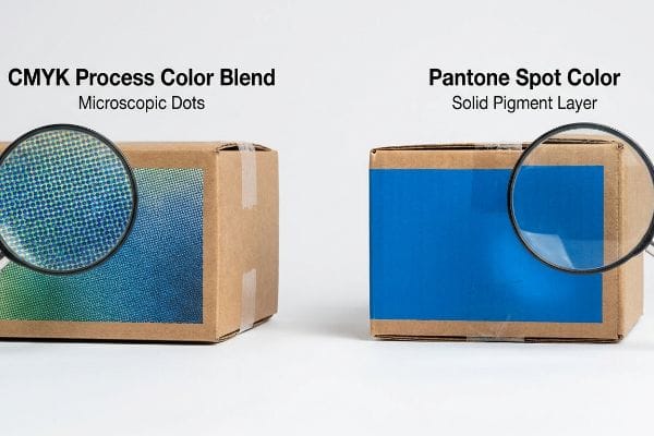 Brown corrugated boxes compare CMYK Process Color Blend (microscopic dots) with Pantone Spot Color (solid pigment layer), magnified.