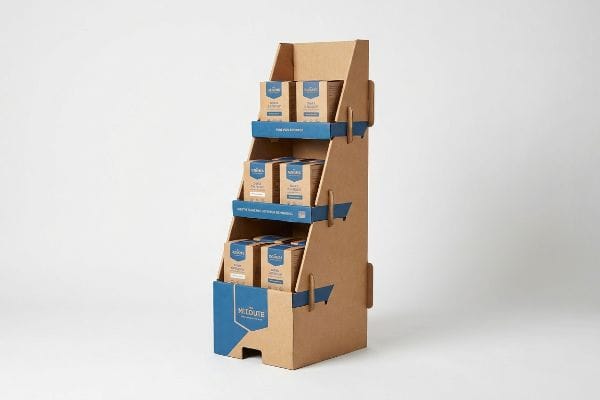A multi-tier corrugated cardboard display stand holds Midoute product boxes, featuring blue branding and text 'The Midoute'.