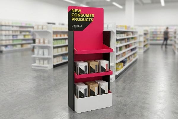 A vibrant pink and black Mirshole point-of-purchase floor display for New Consumer Products, featuring boxed items in a retail aisle.