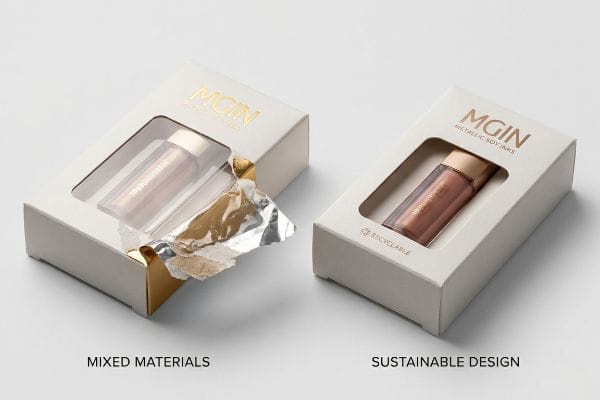 A white cardboard box with ripped gold and silver foil labeled