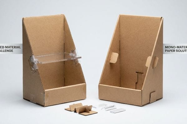 Corrugated display units comparing Mixed Material Challenge (acrylic shelf, plastic clips) to Mono-Material Paper Solution (paper locks).