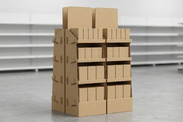 An empty corrugated cardboard retail display stand, engineered for effective product placement, stands on a concrete floor in a retail environment with blurred white shelves.