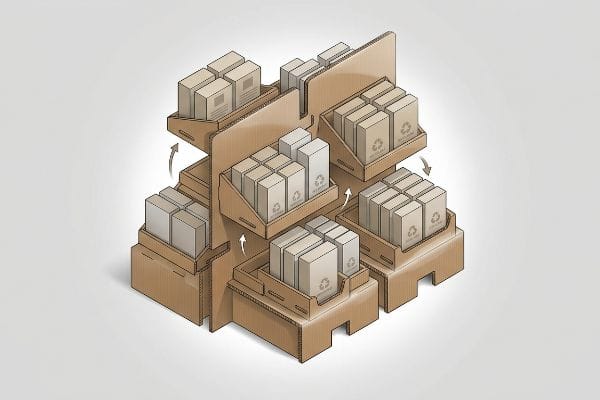 Display modular de papelão ondulado PDQ com vários níveis de caixas de produtos recicláveis, ilustrando o merchandising dinâmico no varejo.