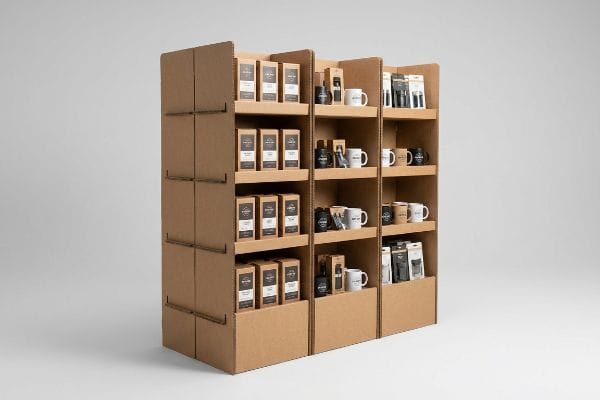A modular corrugated retail display, constructed from durable brown cardboard, features multiple shelves holding diverse packaged products and white and black mugs, optimized for cross-merchandising strategies.