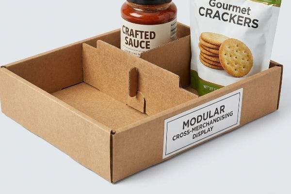 Brown corrugated cardboard display tray with modular die-cut dividers, holding Crafted Sauce and Gourmet Crackers, labeled 