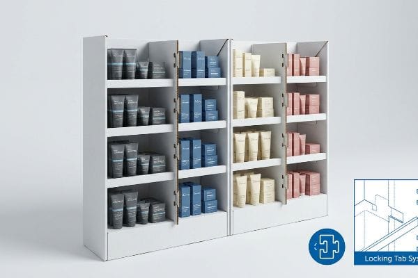 White modular cardboard display units with adjustable shelving present diverse cosmetic products, featuring an interlocking tab system.
