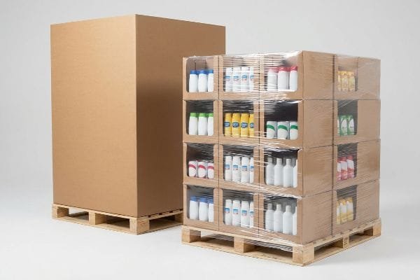 Shrink-wrapped corrugated display-ready pallet, stocked with various product bottles, beside a large brown shipping box on wooden pallets.
