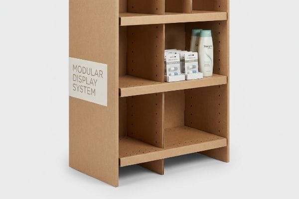 Natural brown corrugated cardboard modular display system with adjustable shelf peg-hole systems, displaying Surge shampoo and blister packs.