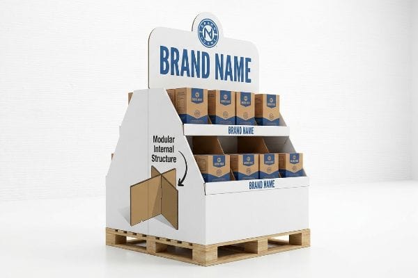 A custom cardboard pallet display featuring a modular internal structure, showcasing product boxes with 