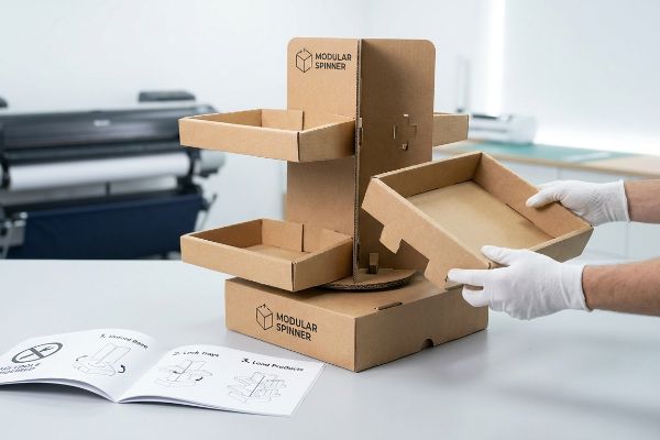 Expositor giratório modular de papelão ondulado natural, montado manualmente com luvas, com guia visual de instruções.