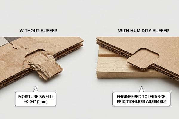 Corrugated cardboard comparison showing Moisture Swell of +0.04