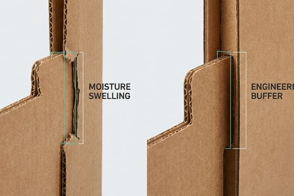 Corrugated cardboard joints illustrate Moisture Swelling versus an Engineered Buffer, showing a 1mm gap.