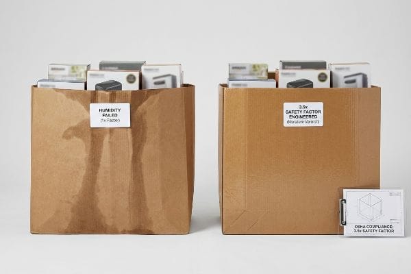 Brown corrugated boxes: one humidity failed (1x factor) with water stains, the other 3.5x safety factor engineered with moisture varnish, showing OSHA compliance.