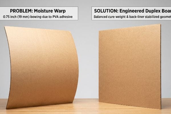Two corrugated panels: one bowed 0.75 inch (19 mm) from Moisture Warp due to PVA adhesive, the other a flat Engineered Duplex Board with balanced cure weight.