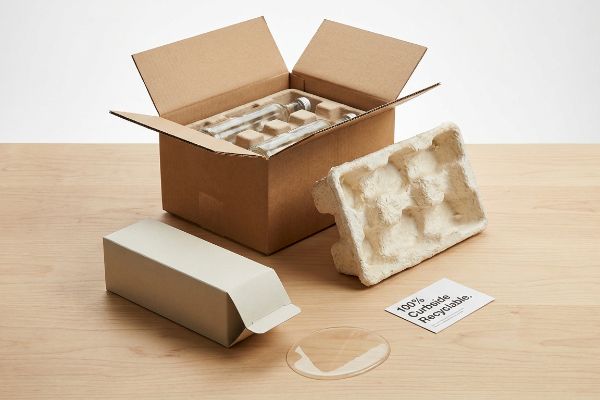Molded pulp tray securing glass bottles in a raw corrugated cardboard box, with a 100% Curbside Recyclable card.