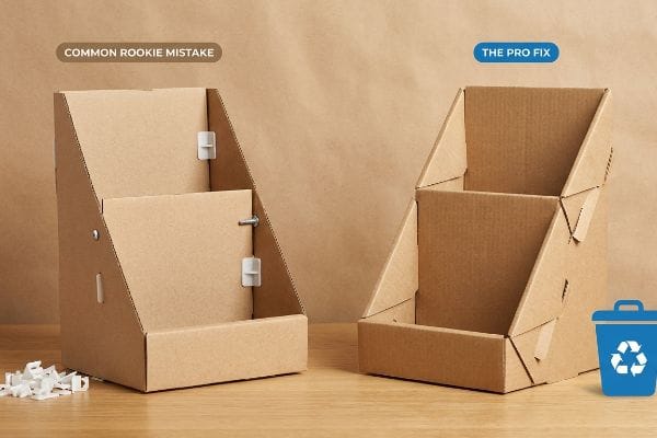 Corrugated cardboard displays: 'Common Rookie Mistake' with plastic clips, contrasted with 'The Pro Fix' mono-material design for recycling.