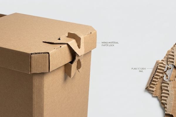 Corrugated box with Mono-Material Paper Lock, contrasted by a torn piece showing Plastic Lock Fail.