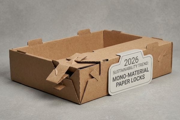 Brown corrugated cardboard box featuring intricate mono-material paper locks, with a label highlighting '2026 Sustainability Trend: Mono-Material Paper Locks'.
