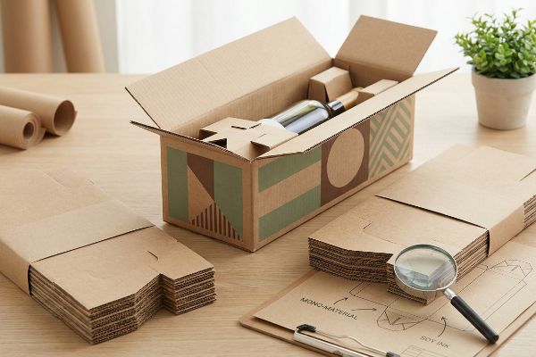 Kraft corrugated box with a wine bottle and mono-material inserts, alongside flat-pack cardboard and a dieline featuring Mono-Material and Soy Ink.