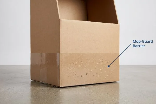 Brauner Wellpappkarton mit Wassertropfen an der Unterseite, der die feuchtigkeitsabweisende Poly-Beschichtung der Mop-Guard Barrier veranschaulicht.