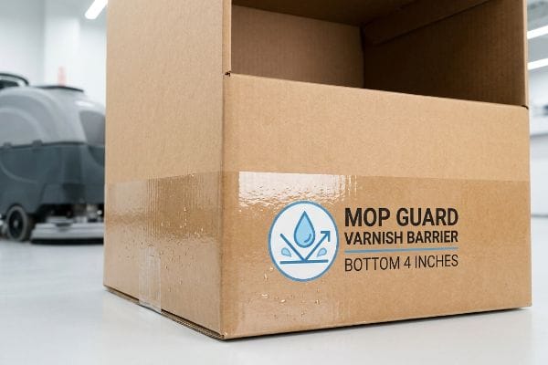 Brown corrugated cardboard box features a clear Mop Guard Varnish Barrier applied to the bottom 4 inches, protecting against moisture.