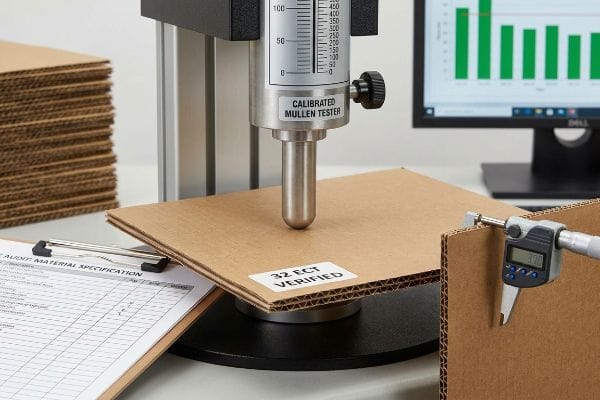 A calibrated Mullen tester presses 32 ECT verified corrugated cardboard, with a micrometer measuring 3.70 thickness.