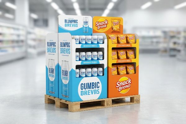 Wooden pallet display showcasing Blumpric Brevas beverages and Snack Brand chips, an example of fractional retail merchandising.
