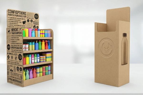 Corrugated cardboard point of purchase display with shelves of colorful bottles and boxes, featuring 'Configptions Pointer Purchase Pop' text.