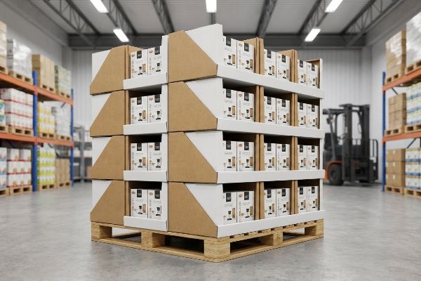 A heavy-duty corrugated pallet display, filled with retail product boxes, sits on a wooden pallet in a club store warehouse.