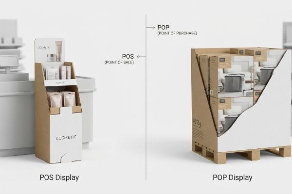 Illustrating the difference between Point of Sale (POS) and Point of Purchase (POP) displays, showing a multi-tiered cardboard Cosmetic POS unit and a large palletized POP display for packaged home goods.