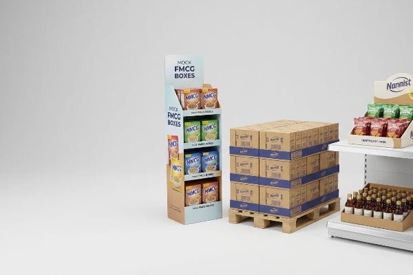 A retail setting displays a Mock FMCG Boxes floor stand with NMCG pouches, a Nannist pallet display of corrugated boxes, and a Nannist countertop unit.