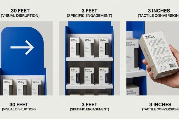 Blue retail display for 'Nastic Breathing' products, illustrating the merchandising rule of three: 30 feet, 3 feet, 3 inches.