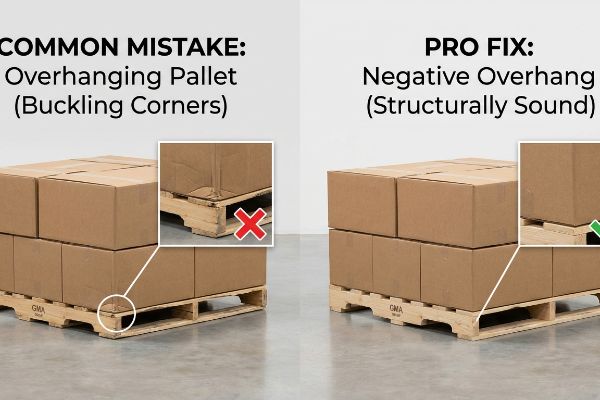 Overhanging Pallet mistake: buckling corrugated box corners. Pro Fix: Negative Overhang ensures sound GMA pallet stacking.