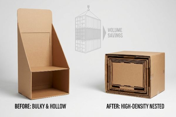 Kraft cardboard display Before: Bulky & Hollow, contrasted with After: High-Density Nested boxes, demonstrating Volume Savings for shipping.